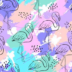 Fototapeta premium Fashion tropics funny wallpapers. Seamless pattern with flamingo on colorful background