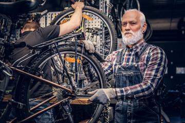 Grandfather and grandson repairing bicycles together in workshop