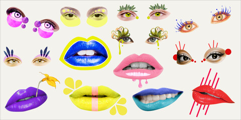 Female Lip and eyes colourful cutout creative funny faces collage cliparts