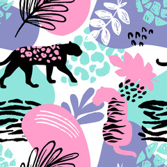 Seamless pattern with palm leaves, animal leopards print. Creative texture for fabric, wrapping, textile, wallpaper, apparel. Vector illustration background © artlavi_design