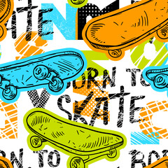 Abstract seamless grunge pattern for boy. Urban style modern background with colorful skateboards. Sport extreme style creative wallpaper for guys. © artlavi_design