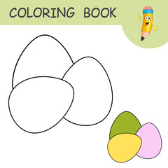Coloring page with silhouette easter Eggs. Template of colorless and color samples animal Eggs on coloring page. Practice worksheet for kids. Happy Easter. Spring holiday. Design in cartoon style.