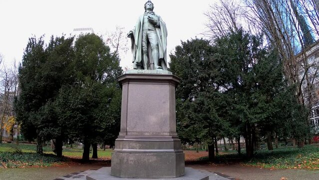 Frankfurt am Main, Germany, December 7, 2021: TILT SHOT - The Schiller Monument. Unveiled on 09th May 1864, the monument was moved to the Taunusanlage in May 1955.