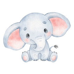 Watercolor illustration of a cute cartoon elephant. Cute tropical animals.