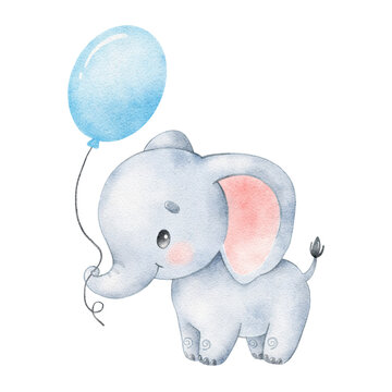 Watercolor illustration of a cute cartoon elephant. Cute tropical animals.