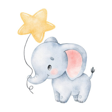 Watercolor illustration of a cute cartoon elephant. Cute tropica