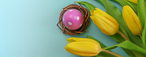 Pink Easter egg lie in a nest with yellow tulips arrangement on blue background. Flat lay top view with copy space. Happy Easter holiday.