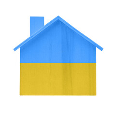 Wooden house model in the colors of the flag of Ukraine. Isolated on white background. No war, stop war.