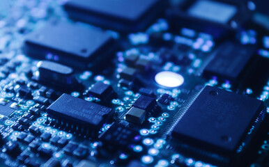 Computer Microchips and Processors on Electronic circuit board. Computer hardware technology. Abstract technology microelectronics concept background. Macro shot, shallow focus.