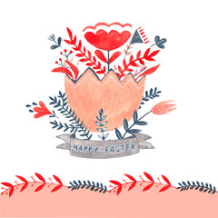 Watercolor decorative items for Easter. Hare, plant, egg - seamless pattern