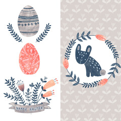 Watercolor decorative items for Easter. Hare, plant, egg - seamless pattern