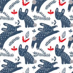 Watercolor decorative items for Easter. Hare, plant, egg - seamless pattern