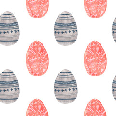 Watercolor decorative items for Easter. Hare, plant, egg - seamless pattern