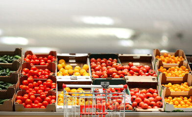 buying vegetables and fruits  at the market.empty grocery cart in an empty supermarket