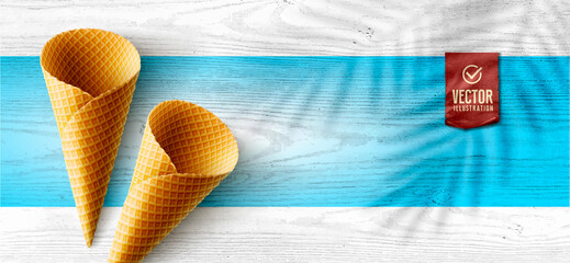Vector realistic ice cream cone. Green tropical leaf shadow on white wood. - obrazy, fototapety, plakaty