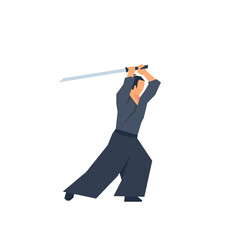 Male samurai holding Katana sword simple flat vector character illustration.
