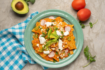 Red chilaquiles with cheese and avocado. Mexican food