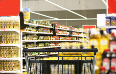 choosing a dairy products at supermarket.empty grocery cart in an empty supermarket