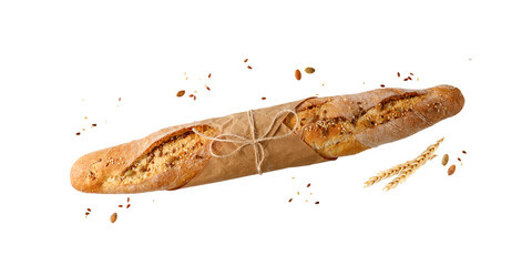 Fresh baked loaf wheat baguette bread flying with sesame, sunflower and pumpkin seeds isolated on white