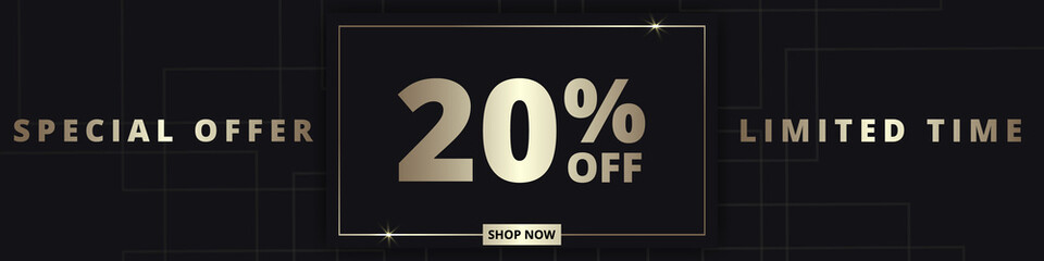 20 off sale banner. Special offer limited time 20 percent off. Sale discount offer. Luxury promotion banner with golden typography twenty percent discount on black background. Vector illustration