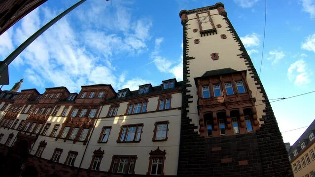 Frankfurt am Main, Germany, December 7, 2021: TILT SHOT - The new city hall of Frankfurt from 1908. The Langer Franz Tower and Administrative Building of the City Hall.