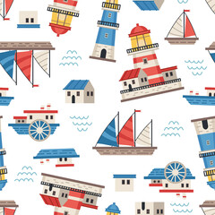 Vector lighthouses seamless pattern. Marine vector background. Nautical elements theme. Sea wallpaper. For children designs, textiles, packaging. Ships, yachts, small houses.