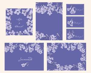 Set templates for Holidays. Blooming branches of Jacaranda tree. Light purple flowers on violet. Hand drawn illustration. Background for design wedding invite menu restaurant greeting card