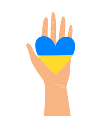 Obraz premium Vector illustration of human hand holding Blue and Yellow heart shaped flag of Ukraine. Stop War concept isolated on white background.