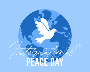 Vector illustration of Earth globe with flying bird dove as a symbol of peace. International Peace Day handrawn lettering