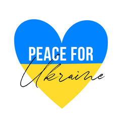 Vector illustration with Blue and Yellow love heart shape as a flag with Peace for Ukraine lettering isolated on white background. Stop War concept