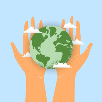 Vector illustration of human hands holding Earth globe with clouds. Concept of World Environment Day, recycle, sustainability, ecological zero waste lifestyle