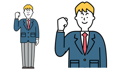 ガッツポーズをしている制服を着た男子高校生の全身イラスト素材。