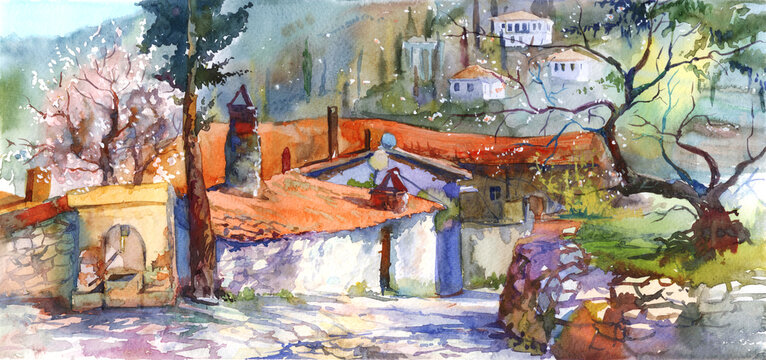 Traditional watercolor illustration, Turkish landscape. Ancient village road, red terracotta roofs, white houses on the hill. Sirinçe village view. Spring time. Blooming trees. Artwork for posters