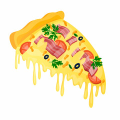 Vector isolated illustration juicy, fresh slice of Italian pizza with ham, cheese, tomatoes, olives, crispy crust. Concept traditional Italian slices, snacks, fast food. You can use in web design, etc