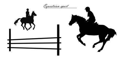 a set of silhouettes. a rider jumping over an obstacle on a horse, isolated images, a black silhouette on a white background.  