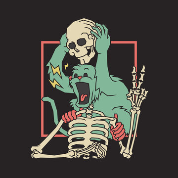 Retro illustration of monkey holding a skull head