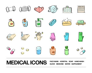 フェイスマスク,病院,ハンドソープ,手洗い,薬,サプリメントなどのアイコンセット。ラフなタッチで描かれた手書きのイラスト。健康や医療系のイメージ。
