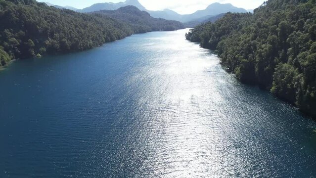 Flying over Nahuel Huapi National Park near Villa la Angostura (Spanish for Town of the Narrowing), Neuquen Province, Argentina, South America. 4K Resolution.