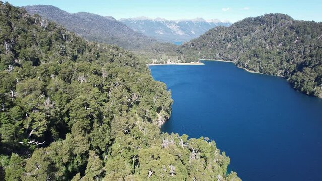 Flying over Nahuel Huapi National Park near Villa la Angostura (Spanish for Town of the Narrowing), Neuquen Province, Argentina, South America. 4K Resolution.