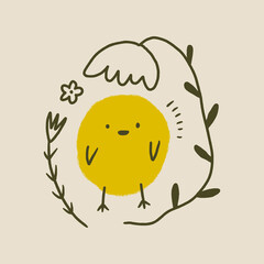 Cute Easter friendly baby chicken bird spring illustration in kawaii style
