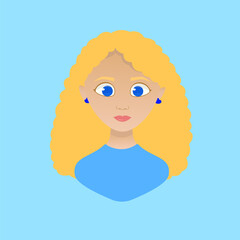 Blonde girl with long curly hair and big blue eyes. In the colors of the Ukrainian flag.