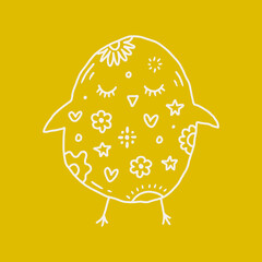 Cute Easter friendly baby chicken bird spring illustration in kawaii style