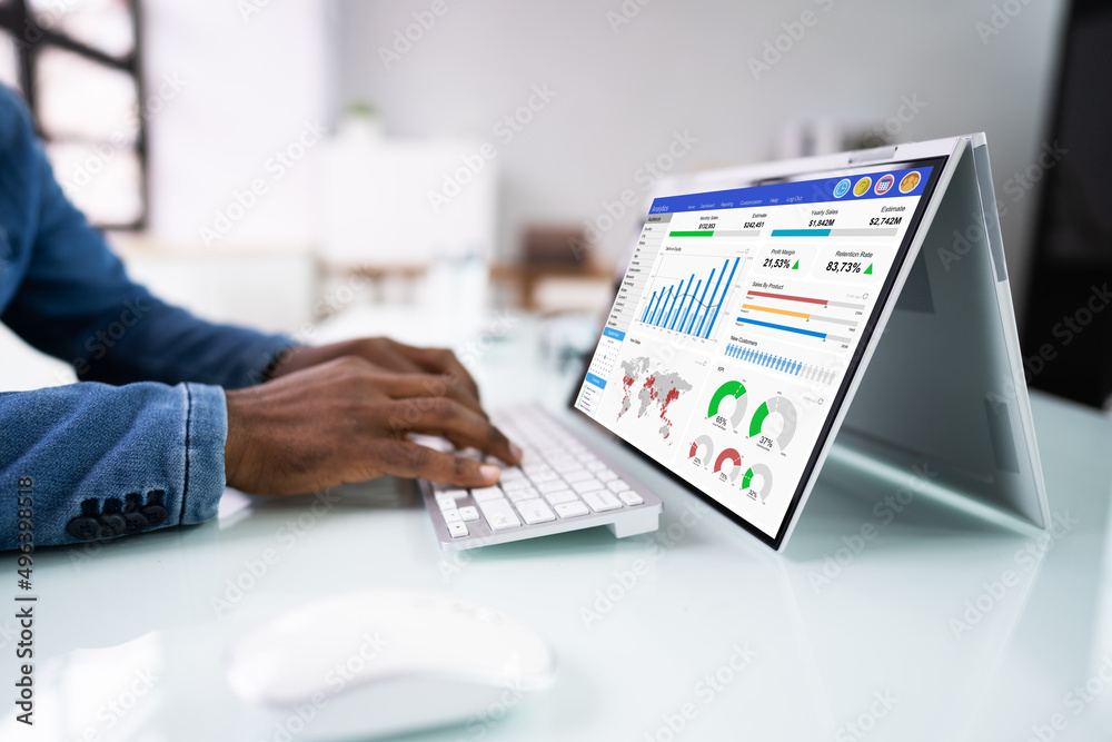 Poster African Businessman Using Analytics Data KPI Dashboard