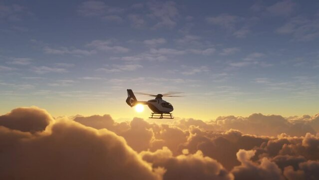 Civilian helicopter flying Above clouds during sunset. silhouette of a small chopper traveling in a high altitude