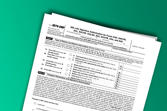 Form 8879-EMP documentation published IRS USA 42738. American tax document on colored