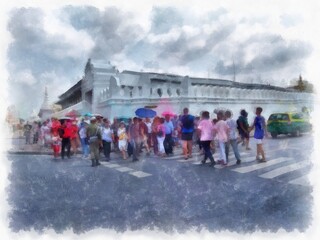 Landscape of streets and ancient buildings around the Grand Palace of Bangkok watercolor style illustration impressionist painting.