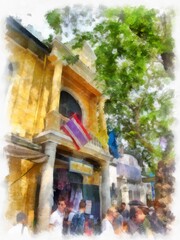 Landscape of streets and ancient buildings around the Grand Palace of Bangkok watercolor style illustration impressionist painting.