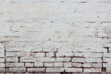 White textured brick wall with natural defects. Scratches, cracks, crevices, chips, dust, roughness. Can be used as background for design or poster.