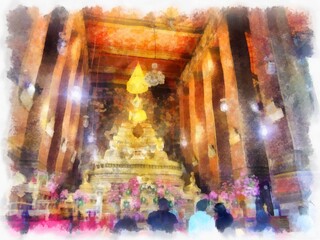 Landscape of Wat Pho in Bangkok Thailand watercolor style illustration impressionist painting.