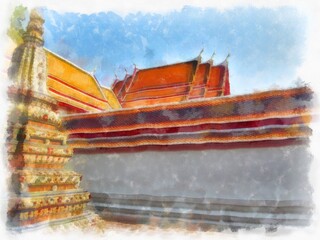Landscape of Wat Pho in Bangkok Thailand watercolor style illustration impressionist painting.